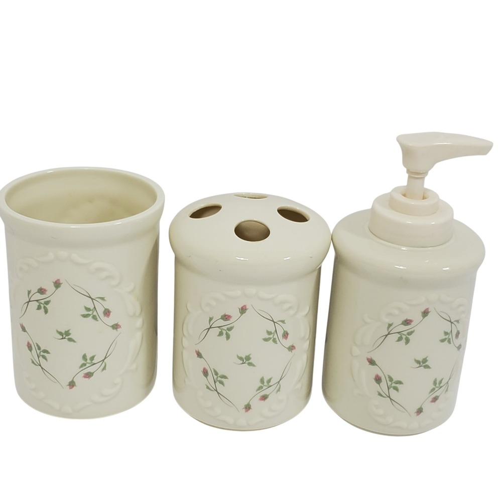 Lenox Rose Manor Bathroom Set Ivory Green Pink Cream Floral Porcelain